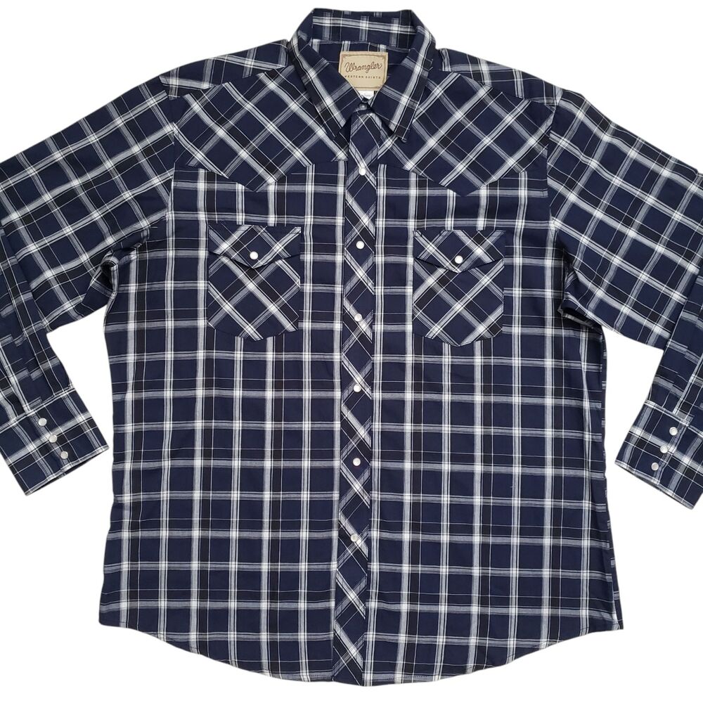 Wrangler Western Pearl Snap Shirt Mens XL Blue Plaid Long Sleeve Cowboy Outdoor - Picture 4 of 13